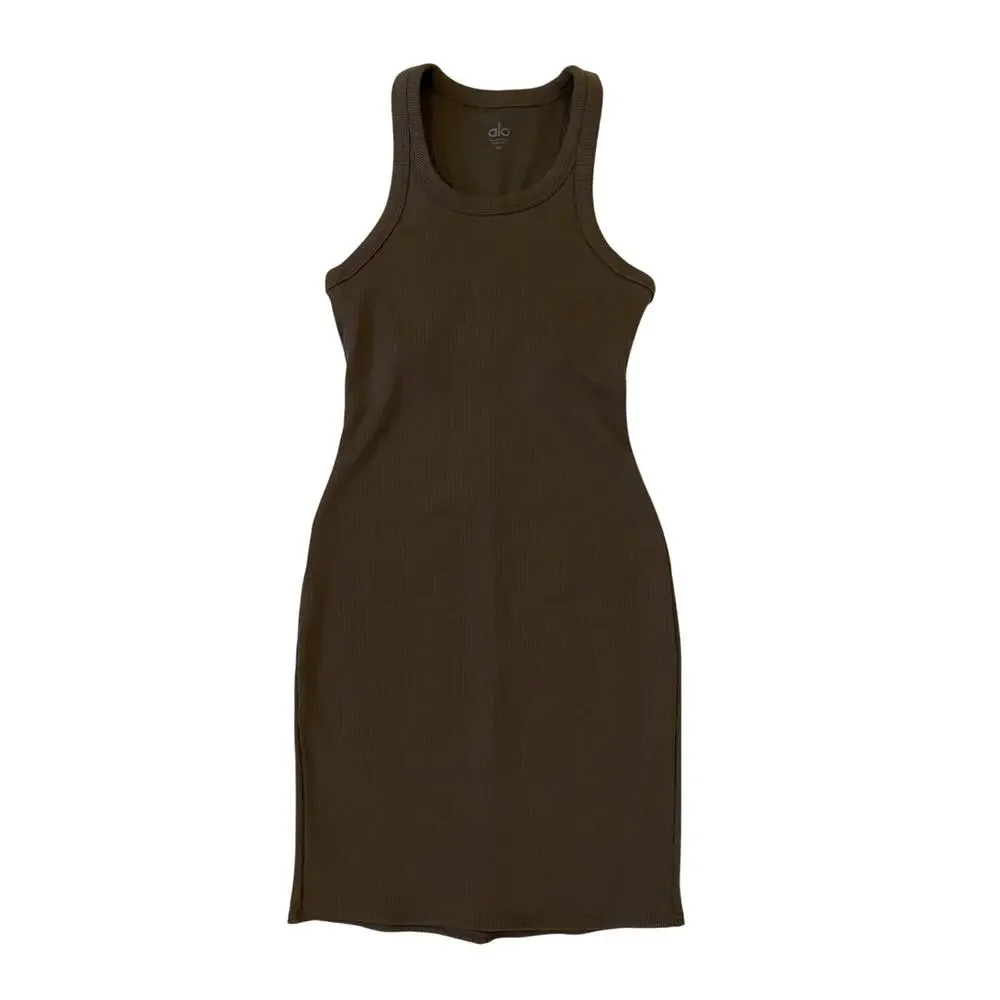 ALO‎ Yoga Seamless Goddess Ribbed Go To Dress XS Espresso Brown Athleisure